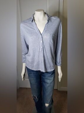 The White Company Linen Blue & White Striped Button-Front Top US Size 10